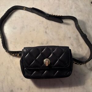 Small Black Leather Quilted Belt Bag, 6" x 4"